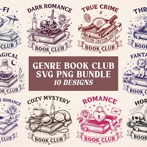 Puede incluir: Una colección de diez diseños ilustrados para un Club de Lectura de Género, con temas como Ciencia Ficción, Romance Oscuro, Crimen Real y Terror. Cada diseño incluye un libro, elementos temáticos y las palabras "Book Club". También está presente el texto "GENRE BOOK CLUB SVG PNG BUNDLE 10 DESIGNS".