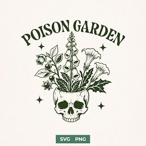 May include: A dark green line art illustration of a human skull with various poisonous flowers growing out of the top. The text POISON GARDEN is arched above the skull, and four small four-pointed stars are positioned around the floral arrangement.