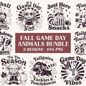 Puede incluir: Una colección digital de nueve ilustraciones monocromáticas con animales como osos, mapaches y vacas highland con temas de fútbol americano. El texto incluye 'Football Mama', 'It's Game Day Y'all', 'Just Here For The Snacks', 'Fall Game Day Animals Bundle 9 Designs - SVG PNG'.