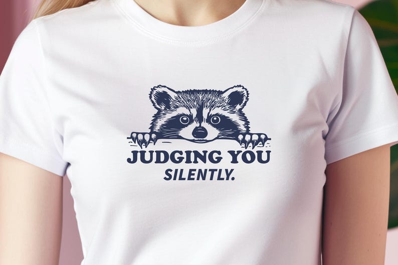 May include: White t-shirt with a black and white illustration of a raccoon peeking over the top and the text "JUDGING YOU SILENTLY."