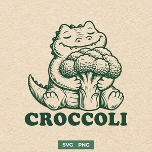Könnte beinhalten: Eine dunkelgrüne Strichzeichnung auf einem hellbeigen, strukturierten Hintergrund zeigt ein lächelndes Krokodil, das einen großen Brokkoli hält. Unter der Figur steht das Wort CROCCOLI in fetten Großbuchstaben, darunter SVG PNG.