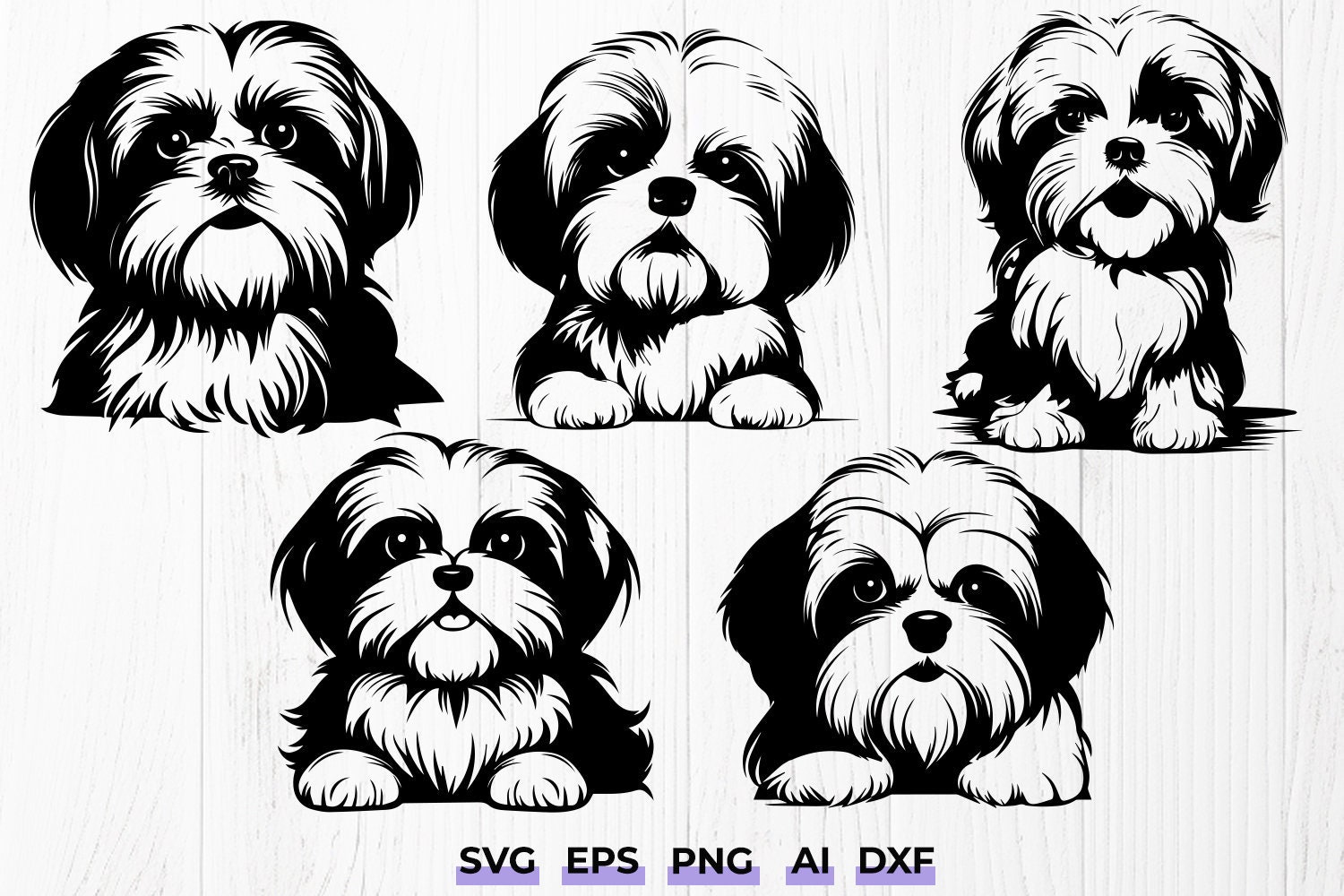Shih Tzu SVG PNG Bundle - Cute Dog Silhouettes - Digital Clipart, Dog Clipart, Vector Illustration, Dog Portrait Svg, Dog Mom Svg