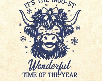 Christmas Highland Cow SVG PNG, Funny Holiday Clipart
