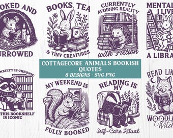 May include: A collection of eight cottagecore-style designs featuring animals reading books. Each design includes text such as "Booked and Burrowed" and "Read Like a Woodland Witch". The images are in shades of purple and white.