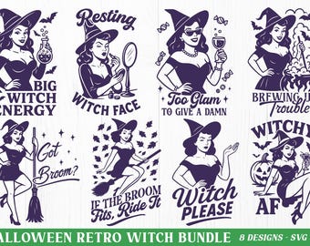 Retro Pin Up Witch SVG Bundle, Vintage Halloween PNG, Big Witch Energy Design