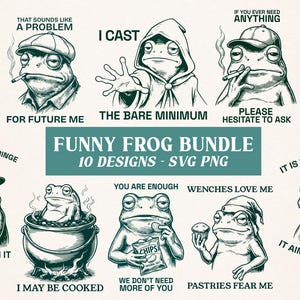 May include: A digital collection of ten monochromatic green frog illustrations, each paired with humorous text. The frogs are depicted in various human-like poses, wearing hats, holding items like chips or pastries, and sitting in a cauldron.