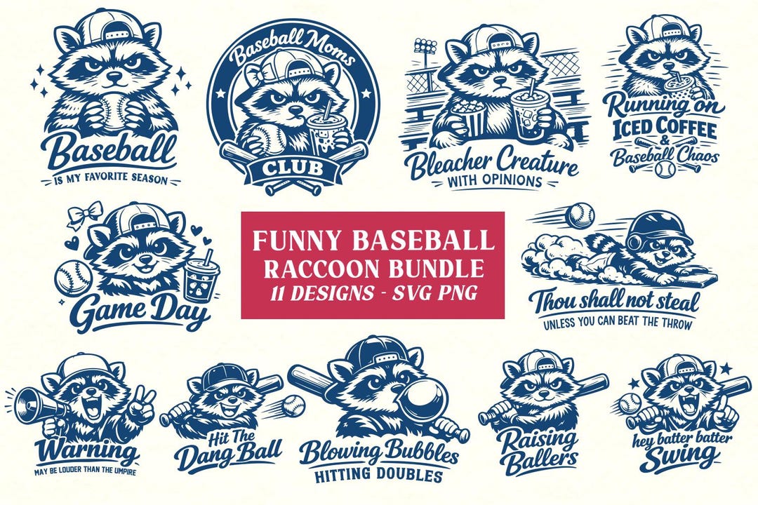 Baseball Raccon Funny Baseball Raccoon Bundle SVG - 11 Designs - Trash Panda Baseball ...