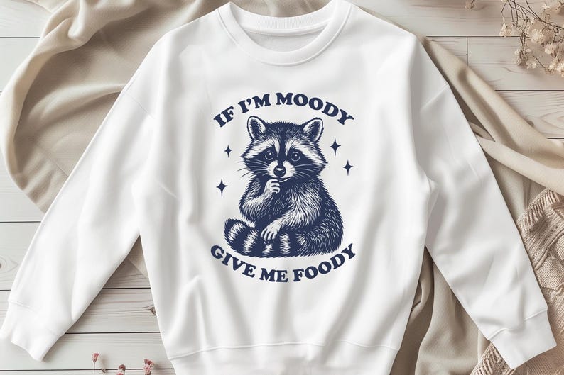 May include: White sweatshirt with a blue graphic of a raccoon with the text "If I'm moody give me foody".