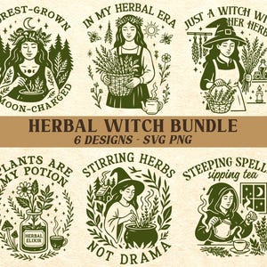 Puede incluir: Ilustración digital con seis diseños de temática de brujas herbolarias. Los diseños, en tonos verdes y marrones, muestran brujas con hierbas, pociones y texto como "Herbal Witch Bundle". El estilo es vintage.