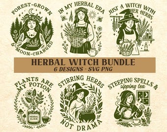 Herbal Witch SVG Bundle: Cottagecore Plant Magic Clipart (PNG, SVG)