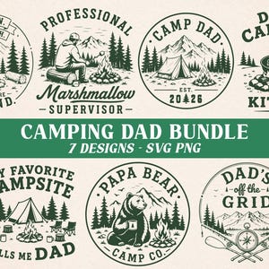 Camping Dad SVG Bundle, 7 Retro Outdoors PNG Design, Mountain Campfire Legend Clipart