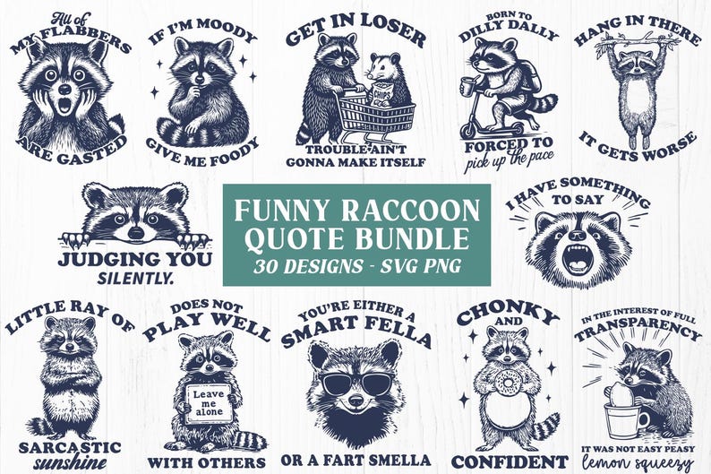 May include: A set of 30 digital designs featuring funny raccoon illustrations with various quotes. The designs are in black and white and include phrases like "Au of my flabbers are gasted", "If I'm moody give me foody", "Get in loser", "Born to dilly dally", "Hang in there", "Trouble ain't gonna make itself", "Forced to pick up the pace", "Judging you silently", "I have something to say", "Little ray of sarcastic sunshine", "Does not play well with others", "You're either a smart fella or a fart smella", "Chonky and confident", "In the interest of full transparency it was not easy peasy lemon squeezy".