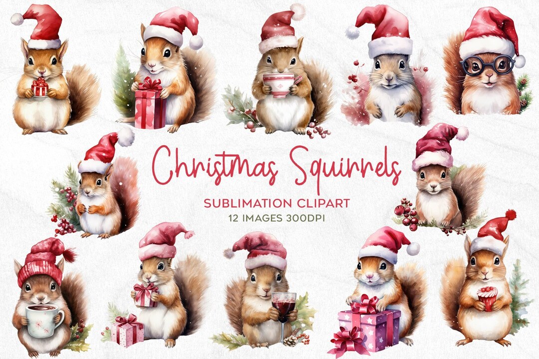 Christmas Squirrels Watercolor Clipart | Festive Holiday Decor | 12 PNG ...