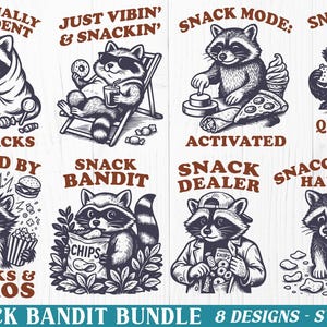 Snack Bandit Raccoon SVG Bundle | 8 Funny Snack Quote Designs | PNG SVG Digital Download | Food Humor Clipart for Cricut & Sublimation