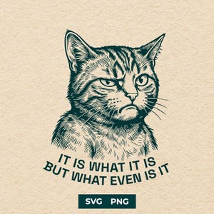 May include: A detailed illustration of a grumpy cat with the text "IT IS WHAT IT IS BUT WHAT EVEN IS IT" in a semi-circular layout. The cat is depicted in a detailed, cross-hatch style, with a stern expression. Below the text are the letters "SVG PNG".