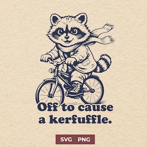 Puede incluir: Ilustración de un mapache en bicicleta, con bufanda y abrigo. El texto dice "Off to cause a kerfuffle." Debajo, las palabras "SVG PNG" en un rectángulo. Imagen en tonos azules.
