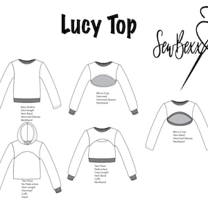 Puede incluir: Dibujo de línea de un patrón de costura Lucy Top con cuatro variaciones diferentes. La parte superior es de estilo recortado con una variedad de opciones de manga y escote. El texto "Lucy Top" y "Sew Bexx" está incluido en la imagen.