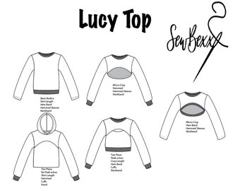 Patron de couture du haut Lucy PDF : chemise courte, sweat à capuche (US XXS-3X)