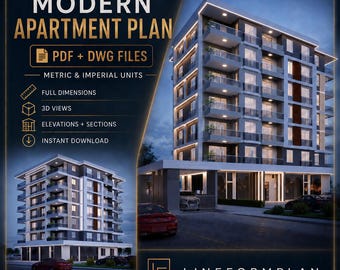 May include: A digital architectural design package titled Modern Apartment Plan, featuring PDF and DWG files, full dimensions, 3D views, elevations, and sections. The graphic displays a multi-story apartment building with balconies and lighting.