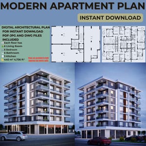 Könnte beinhalten: Digitaler Architekturplan für ein modernes Apartmentgebäude. Das Bild enthält Grundrisse und Außenansichten des Gebäudes. Der Plan umfasst 6 Wohnzimmer, 6 Schlafzimmer, 6 Badezimmer und 3 Küchen. Das Gebäude ist 440 m² groß.