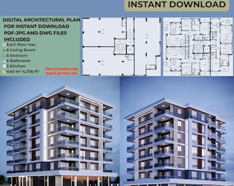 7-Story Modern Apartment Plan: 18 Flats, Modern Residence (PDF, JPG & DWG)
