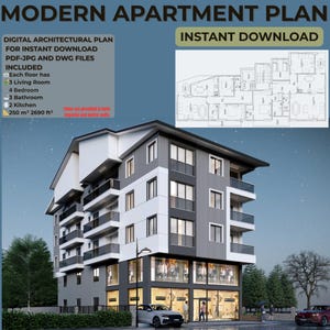 Puede incluir: Plano de un edificio de apartamentos moderno con una representación arquitectónica detallada. La imagen incluye el texto "MODERN APARTMENT PLAN" e "INSTANT DOWNLOAD". El plano incluye 3 salas de estar, 4 dormitorios, 3 baños y 2 cocinas. El edificio tiene 250 m².