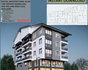 4-Story Modern Apartment Plan: 9 Flats,Shop,Modern Residence (PDF,JPG, DWG)