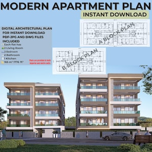 Könnte beinhalten: Digitaler Architekturplan für ein modernes Apartment, sofort zum Download verfügbar. Der Plan umfasst PDF-, JPG- und DWG-Dateien. Jede Wohnung hat 2 Wohnzimmer, 3 Schlafzimmer, 2 Badezimmer und 1 Küche, mit einer Gesamtfläche von 165 m². Das Bild zeigt auch Gebäudedarstellungen.
