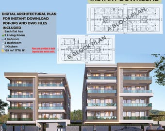 2-Block, 5-Story Modern Apartment Plan: 32 Flats, Modern Residence (PDF, JPG & DWG)