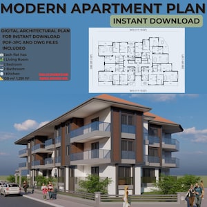 Könnte beinhalten: Moderner Wohnungsplan mit dem Text "MODERN APARTMENT PLAN INSTANT DOWNLOAD". Der Plan umfasst einen digitalen Architekturplan mit 120 m² und eine Gebäudedarstellung.