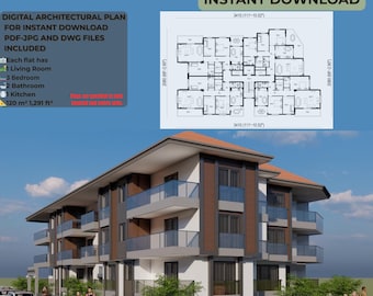 3-Story Modern Apartment Plan: 12 Flats, Modern Residence (PDF, JPG & CAD)