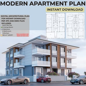 Puede incluir: Plano de apartamento moderno con el texto "MODERN APARTMENT PLAN" y "INSTANT DOWNLOAD". El plano arquitectónico digital incluye archivos PDF-JPG y DWG. Cada piso tiene 2 salas de estar, 2 dormitorios, 2 baños y 1 cocina. El plano es de 150 m².