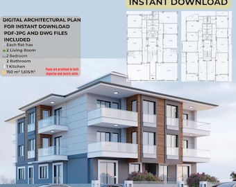 3-Story Modern Apartment Plan: 6 Flats, Modern Residence (PDF,JPG, CAD)