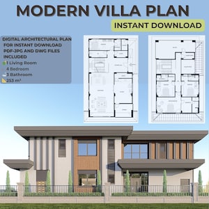 May include: A digital architectural plan for a modern villa. The image shows a house exterior and floor plans. The plan includes 1 living room, 4 bedrooms, and 3 bathrooms. The total area is 253 m².