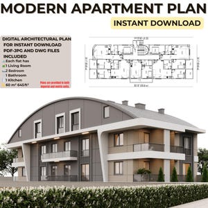 May include: A modern apartment plan with an instant download option. The digital architectural plan includes PDF-JPG and DWG files. Each flat has 1 living room, 2 bedrooms, 1 bathroom, and 1 kitchen. The plan is 60 m² or 645 ft².
