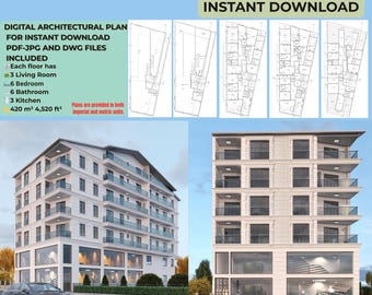 7-Story Modern Apartment Plan: 12 Flats, Modern Residence (PDF, JPG & DWG)