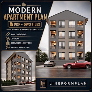Könnte beinhalten: Ein digitales Architektur-Design-Dokument mit dem Titel Modern Apartment Plan, das PDF- und DWG-Dateien enthält. Die Grafik zeigt ein vierstöckiges Gebäude mit Balkonen, einen roten Sportwagen, ein silbernes Auto sowie Angaben zu Maßen und Ansichten.