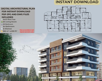 5-Story Modern Apartment Plan: 12 Flats, Modern Residence (PDF, JPG & DWG)