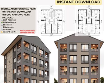 4-Story Modern Apartment Plan: 8 Flats, Modern Residence (PDF, JPG & DWG)