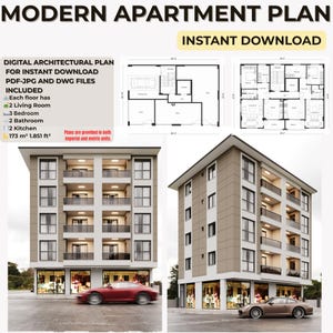 Può includere: Piano architettonico digitale per un appartamento moderno, disponibile per il download immediato in file PDF-JPG e DWG. Il piano comprende 2 soggiorni, 3 camere da letto, 2 bagni e 2 cucine per piano. L'appartamento misura 173 m². Piani in unità imperiali e metriche.