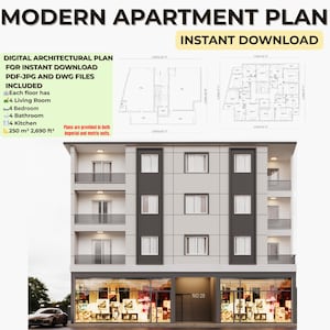 Könnte beinhalten: Digitaler Architekturplan zum sofortigen Download. Das Bild zeigt ein modernes Apartmentgebäude mit detailliertem Grundriss. Der Plan umfasst 4 Wohnzimmer, 4 Schlafzimmer, 4 Badezimmer und 4 Küchen. Das Gebäude ist 250 m² groß.