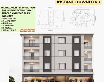 4-Story Modern Apartment Plan: 12 Flats, Modern Residence (PDF, JPG & DWG)