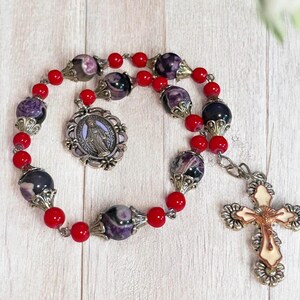 Handmade Travel Rosary: Red Glass & Agate Stone Beads, Catholic Pocket Rosary