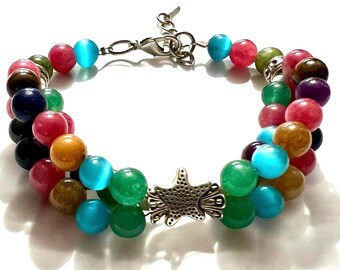 Handmade Gemstone Bracelet: Multi-Strand Beaded Boho Jewelry with Star Charm