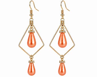 Handmade Coral Orange Teardrop Dangle Earrings:  Gold Geometric Earrings, Lightweight Everyday Jewelry
