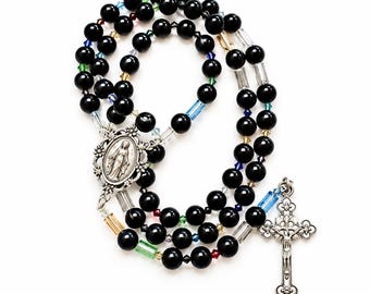 Black Bead Catholic Rosary: Multicolor Glass Accent Beads, Stainless Steel Crucifix