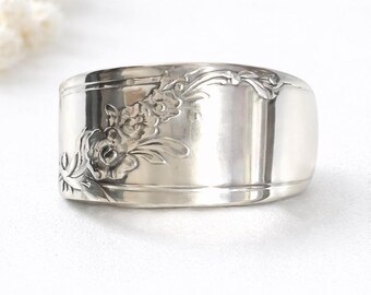 Sterling Silver Spoon Ring: Floral Engraved Wide Band Statement Ring