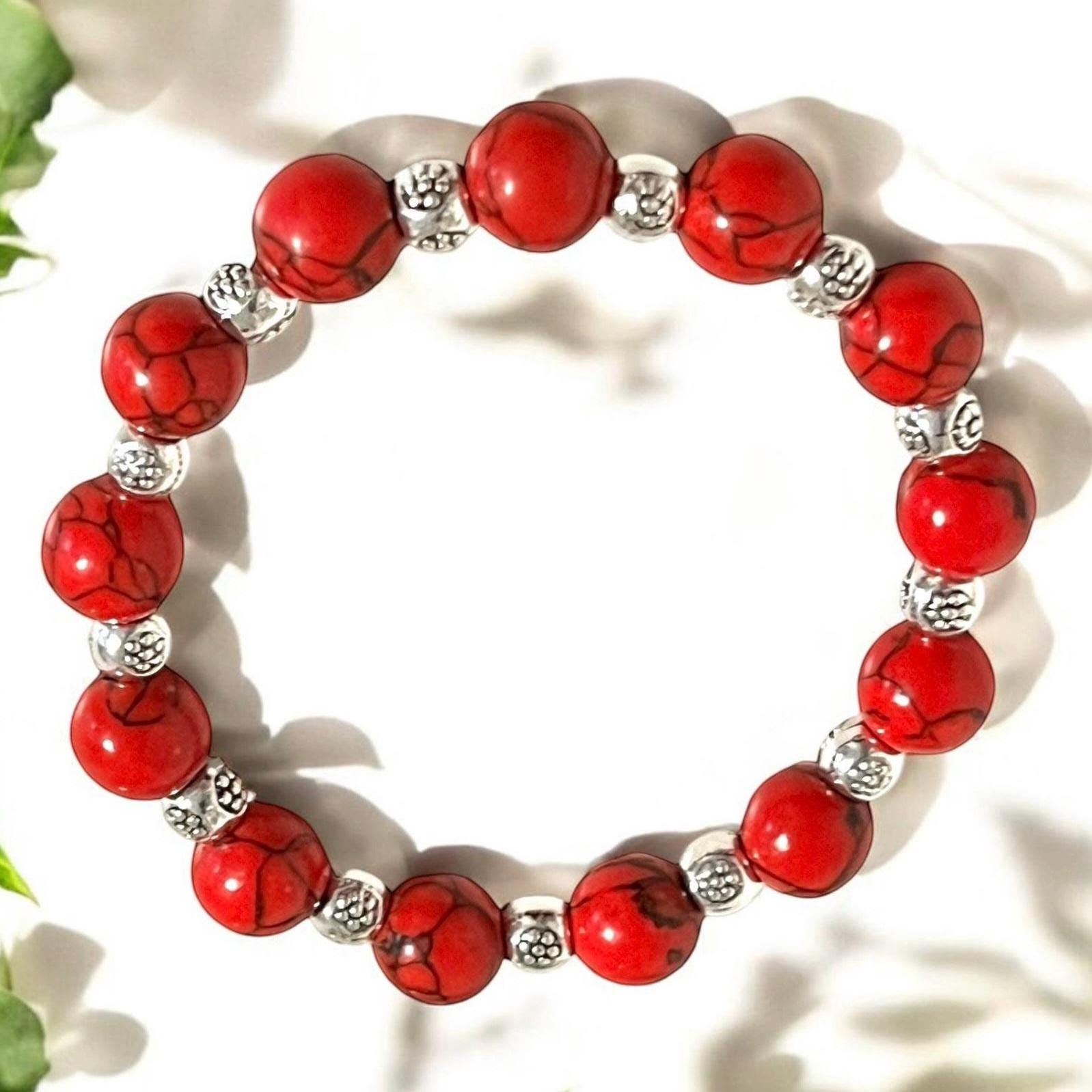 Red Howlite Turquoise Bracelet: Marbled Gemstone with Silver Accents