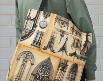 May include: A beige tote bag featuring architectural sketches in black. The bag has a black shoulder strap and is carried over the shoulder. The sketches include gothic arches, windows, and other architectural details. The bag is made of a sturdy material.