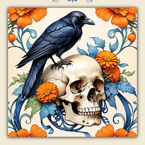 Halloween crow and skull flag art nouveau Halloween fall decor